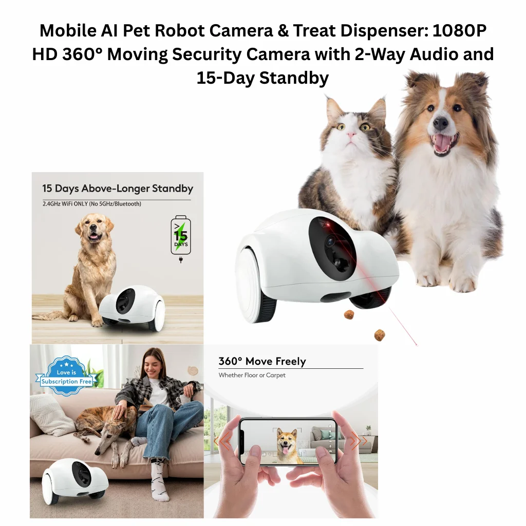 A product infographic for a 1080p HD moving security camera that moves 360° freely on floors or carpet, featuring a treat dispenser, 2-way audio, and a 15-day standby battery.