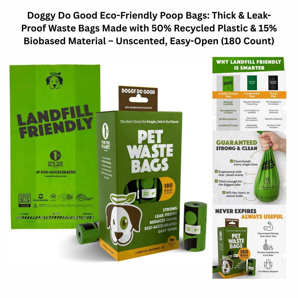 A product infographic for a 180-count pack of unscented, leak-proof waste bags made with 50% recycled plastic and 15% biobased material, featuring an easy-open design and tear-proof seams.