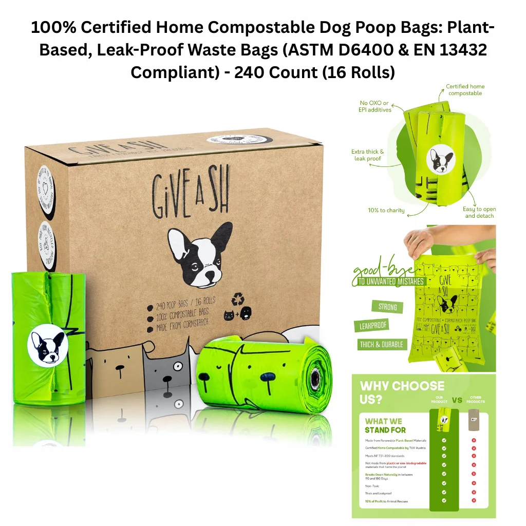 A product infographic for a 240-count pack (16 rolls) of plant-based waste bags that are ASTM D6400 and EN 13432 compliant, featuring extra thick, leak-proof material and a commitment of 10% of profits to animal rescues.