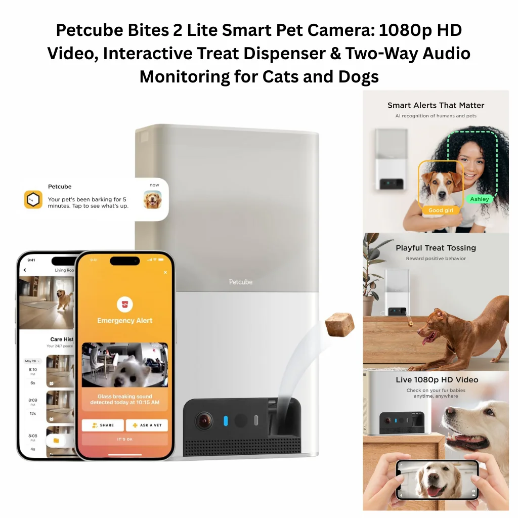 A product infographic for a 1080p HD pet camera featuring an interactive treat dispenser, two-way audio, and AI recognition of humans and pets for smart alerts.