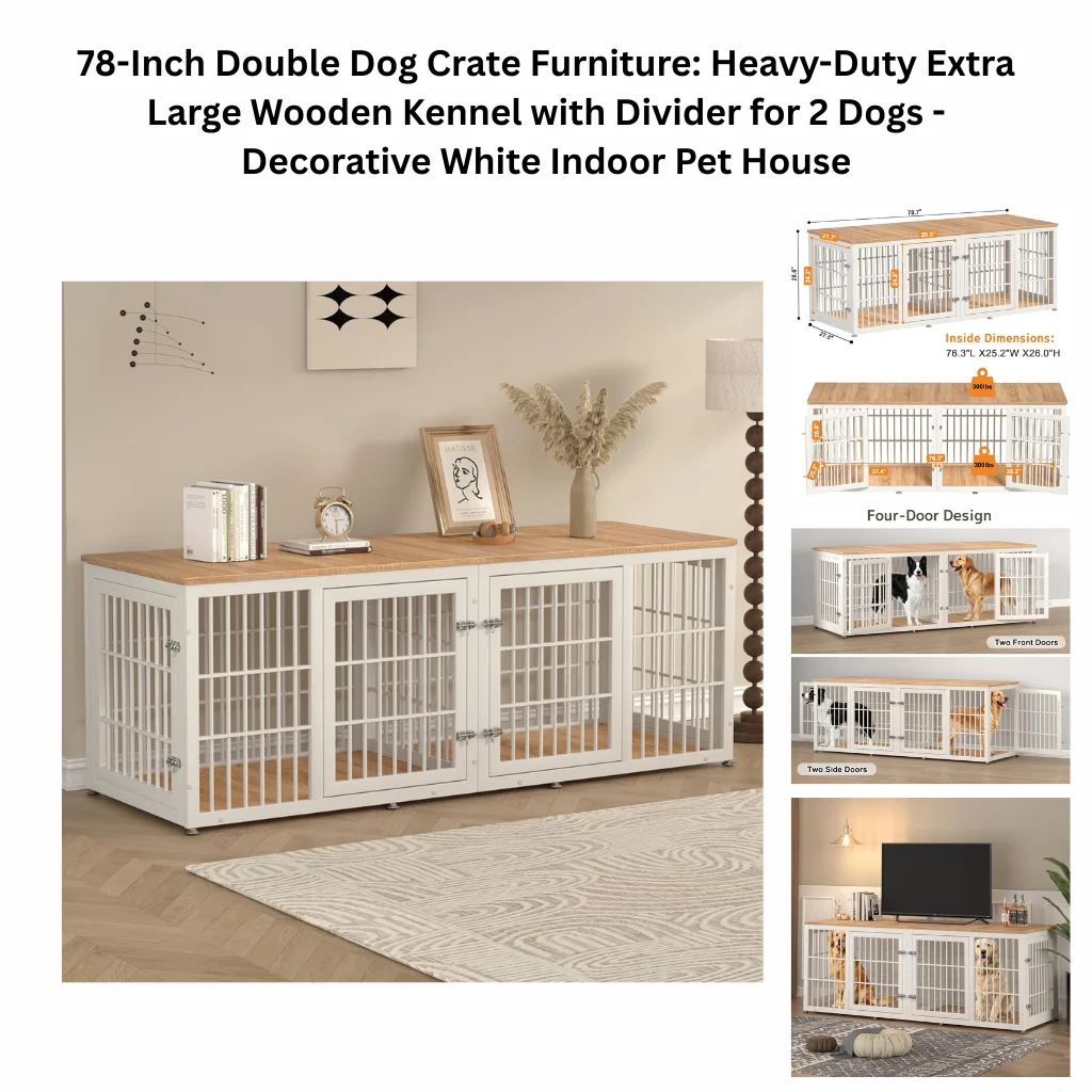 A product infographic for a heavy-duty white wooden kennel with an internal divider for two dogs, featuring a four-door design and a decorative tabletop for use as home furniture