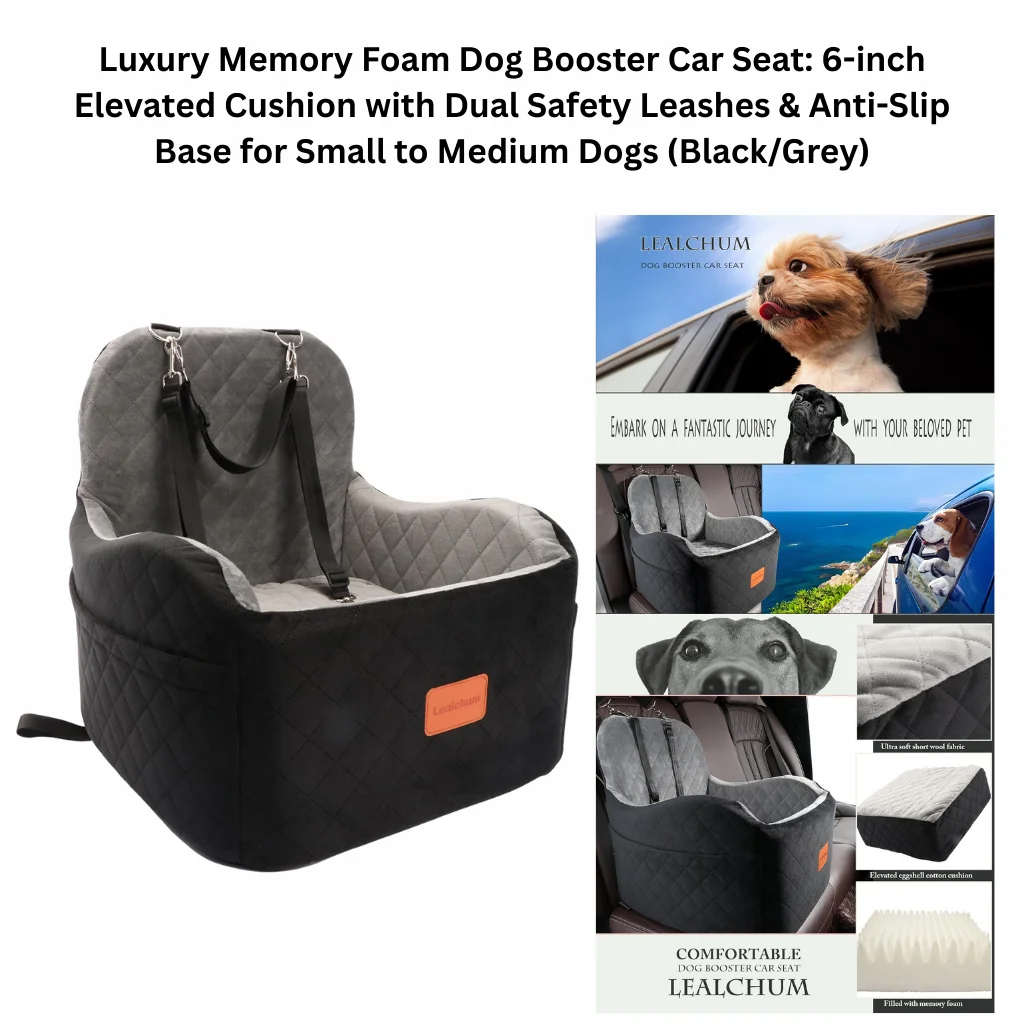 A product infographic for a black and grey booster seat featuring a 6-inch elevated memory foam cushion, ultra-soft fabric, dual safety leashes, and an anti-slip base for secure travel.