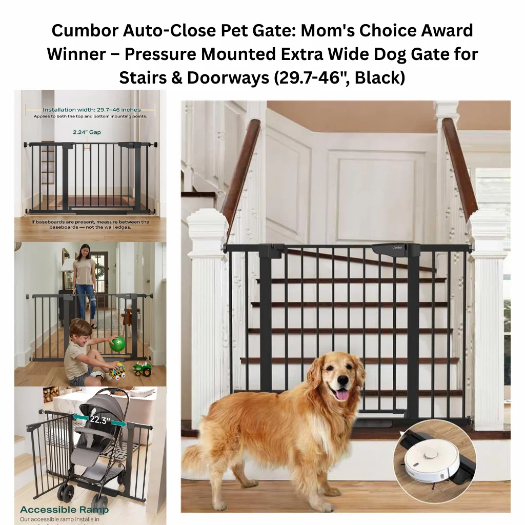 A product infographic for a black pressure-mounted gate featuring an auto-close walk-through door, a double-lock safety handle, and extension panels to fit widths from 29.7 to 46 inches.