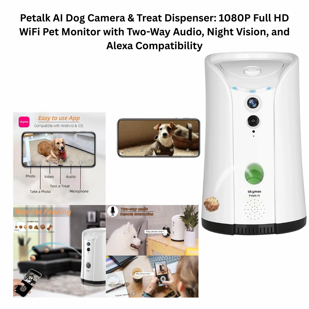 A product infographic for a white tower-style 1080p HD camera featuring remote feeding, two-way audio interaction, night vision, and compatibility with Alexa.