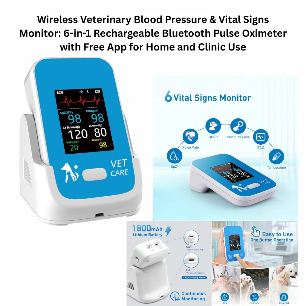 A product infographic for a 6-in-1 rechargeable device showing a digital display for ECG, SpO2, pulse rate, respiration, blood pressure, and temperature with one-button operation and continuous 14-hour monitoring.