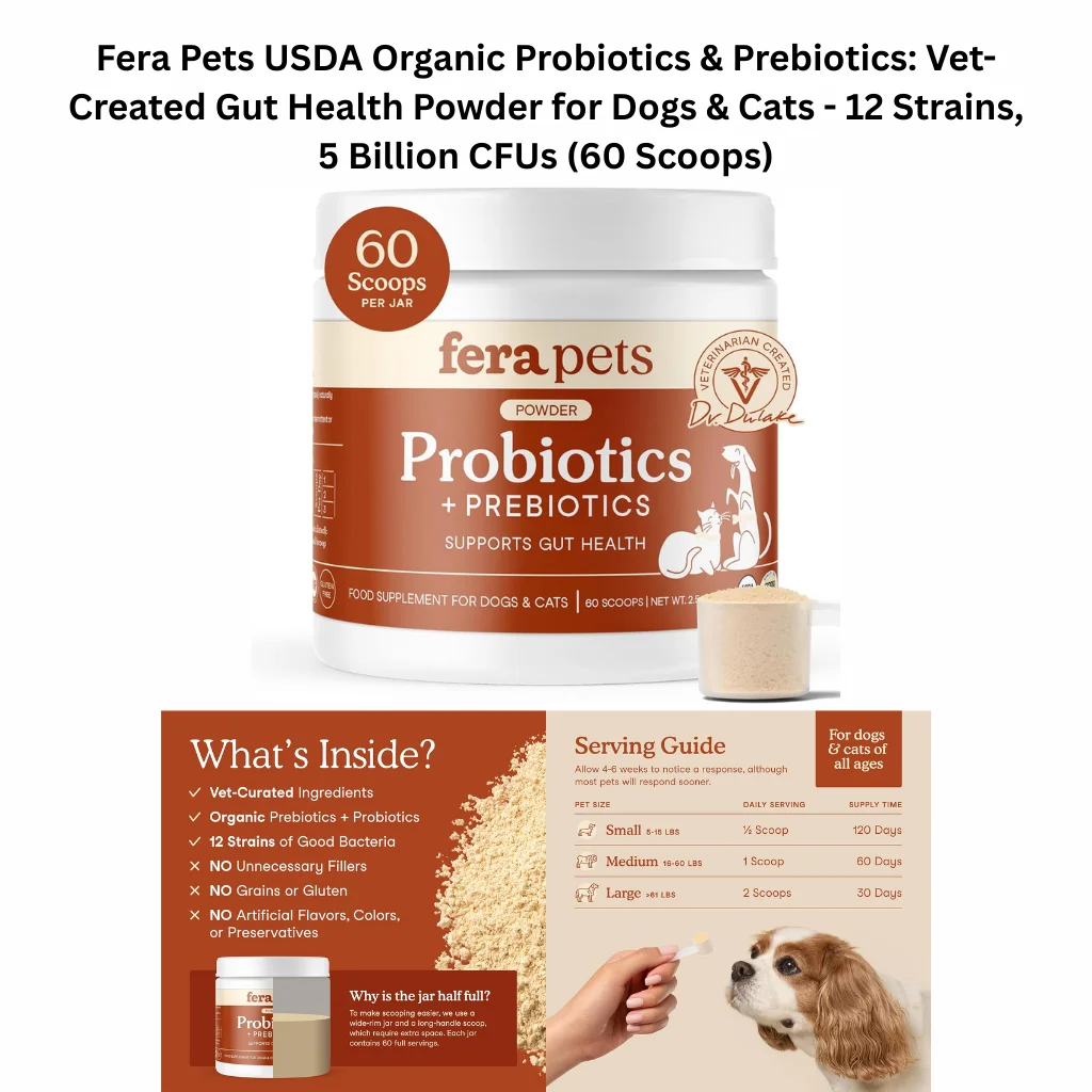 A product infographic for a 60-scoop jar of gut health powder for dogs and cats featuring 12 probiotic strains, 5 billion CFUs per scoop, and a serving guide based on pet size.