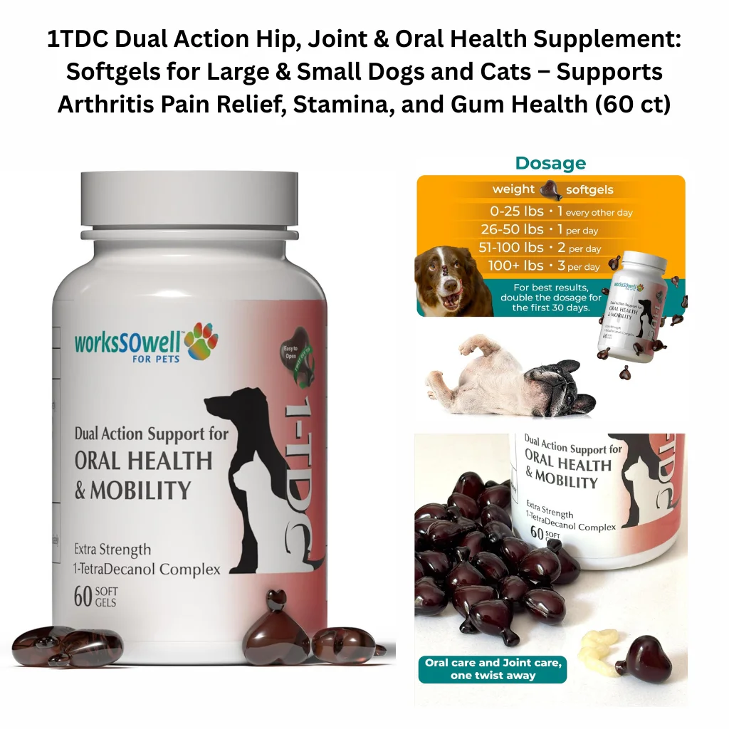 A product infographic for a 60-count bottle of heart-shaped softgels designed to support arthritis pain relief, stamina, and gum health for both dogs and cats.