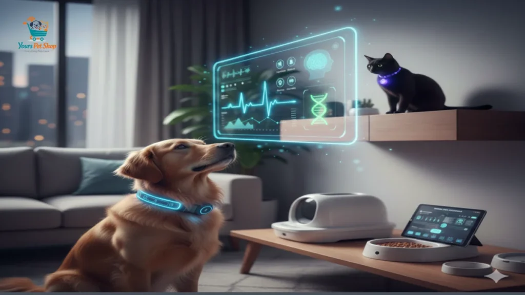 AI-powered predictive pet care ecosystem featuring a golden retriever with a smart biometric collar and a cat observing a holographic health dashboard in a modern interior.