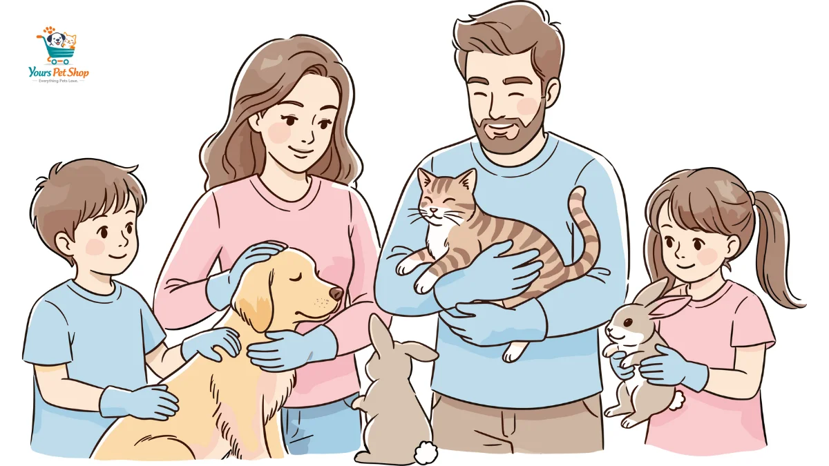 Family caring for pets together, representing the mission and values of Yours Pet Shop