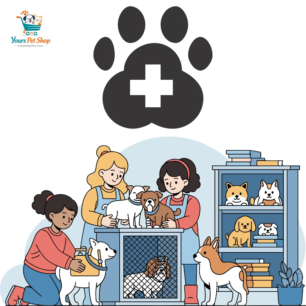 Animal rescue and care illustration showing volunteers helping dogs at a shelter, representing animal welfare, pet rescue, and compassionate care mission of Yours Pet Shop.