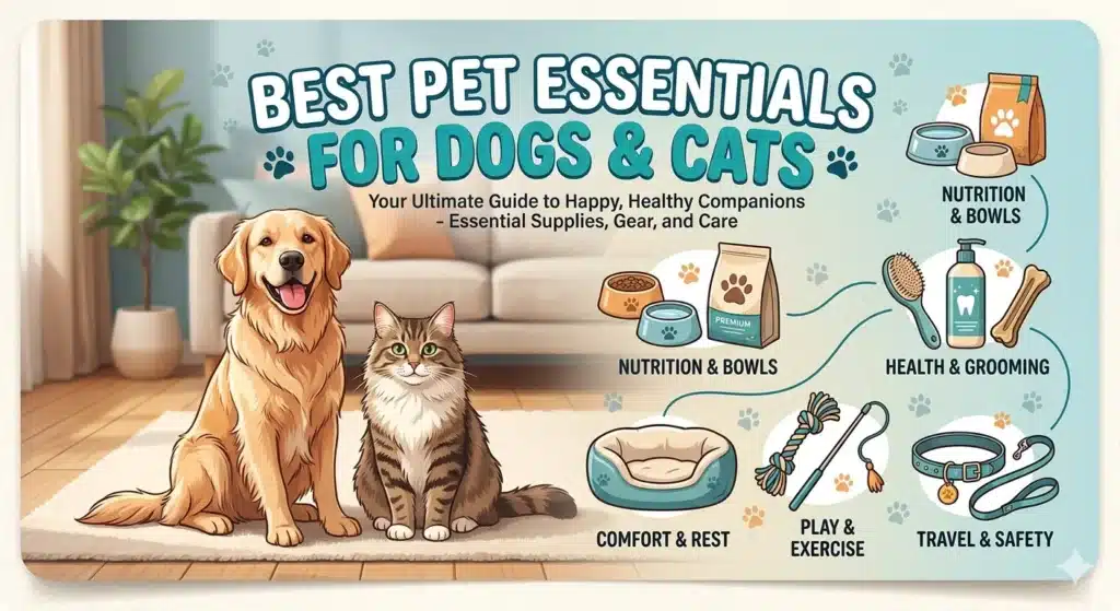 A colorful illustrated promotional infographic featuring a smiling Golden Retriever and a fluffy tabby cat sitting side by side on a white rug in a warm living room with a beige sofa and potted plant in the background. Five product category icons with labels are arranged around the right side of the image in a circular flow chart style, each illustrated with relevant items: Nutrition & Bowls showing a pet food bag, water bowl, and food bowl; Health & Grooming showing a grooming brush, dental chew bone, and a grooming product bottle; Comfort & Rest showing a teal oval pet bed; Play & Exercise showing a rope tug toy and a feather wand; and Travel & Safety showing a teal collar with ID tag and a leash. Paw print decorative elements are scattered throughout the light blue background.