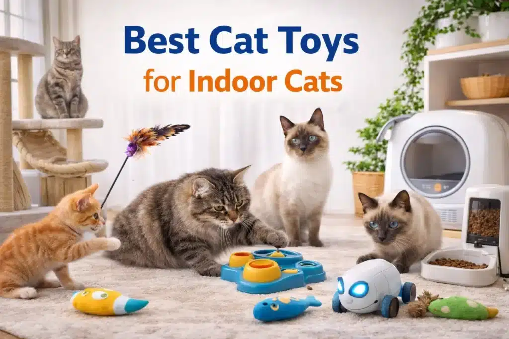 A bright, styled promotional lifestyle image featuring four cats of different breeds engaged with various toys in a cozy modern living room. A fluffy gray tabby crouches in the center batting at a blue and yellow puzzle feeder toy, while a blue-eyed Ragdoll sits upright behind it and a second Birman-type cat with blue eyes crouches on the right near a glowing-eyed robotic toy car. An orange kitten on the left reaches toward a feather wand toy. A gray tabby cat perches atop a tall sisal and rope cat tree in the background. Scattered on the cream rug are a plush yellow fish catnip toy, a blue plush fish toy, a green catnip toy, and a dried natural cat toy. A white automatic self-cleaning litter box and an automatic pet food dispenser with kibble are visible in the background right, alongside a light wood shelving unit with potted green plants.