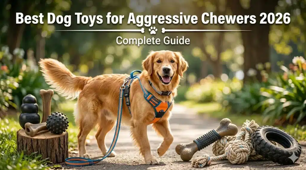 A bright outdoor lifestyle promotional image featuring the same happy Golden Retriever in an orange and blue no-pull harness walking on a sunlit park path with lush green trees and flowering plants in the background. Arranged on either side of the dog are heavy-duty chew toys suited for aggressive chewers: on the left, a black KONG classic rubber toy, a natural chew bone, and a black rubber spiky ball are displayed on a wooden stump. On the right, a large ridged rubber dumbbell chew toy, a thick braided rope knot tug toy, and a rubber tire chew ring are scattered on the ground. The bold white title reads "Best Dog Toys for Aggressive Chewers 2026" with the subtitle "Complete Guide."