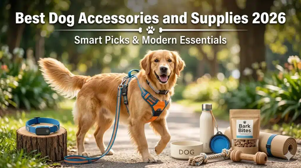 A bright outdoor lifestyle promotional image featuring a happy Golden Retriever wearing an orange and blue padded no-pull harness with a matching leash, walking on a sunlit park path surrounded by lush green trees and flowering plants. Arranged on the ground beside the dog are several featured accessories: a blue smart GPS tracking collar resting on a wooden stump, a white insulated stainless steel water bottle with a blue collapsible silicone travel bowl, a ceramic dog food bowl labeled "DOG," a rope knot chew toy, a natural rubber chew toy, a rolled cork or natural fiber mat, and a kraft paper bag of dog treats labeled "Bark Bites." The bold white title reads "Best Dog Accessories and Supplies 2026" with the subtitle "Smart Picks & Modern Essentials."