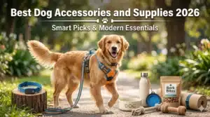 A bright outdoor lifestyle promotional image featuring a happy Golden Retriever wearing an orange and blue padded no-pull harness with a matching leash, walking on a sunlit park path surrounded by lush green trees and flowering plants. Arranged on the ground beside the dog are several featured accessories: a blue smart GPS tracking collar resting on a wooden stump, a white insulated stainless steel water bottle with a blue collapsible silicone travel bowl, a ceramic dog food bowl labeled "DOG," a rope knot chew toy, a natural rubber chew toy, a rolled cork or natural fiber mat, and a kraft paper bag of dog treats labeled "Bark Bites." The bold white title reads "Best Dog Accessories and Supplies 2026" with the subtitle "Smart Picks & Modern Essentials."